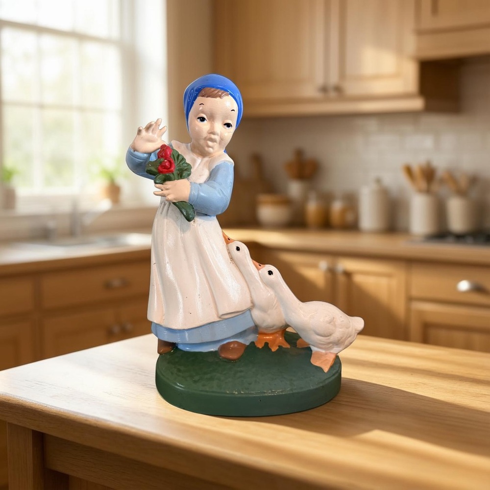 Holland Mold Dutch Girl Figurine w/ Geese Hand Painted Ceramic 9” Country Decor